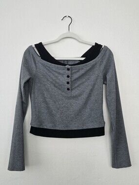 Grey Off-Shoulder Crop Top with Black Trim